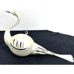 Antique Swan Bird Ornament Spun Glass Tail Blown West Germany White 10"